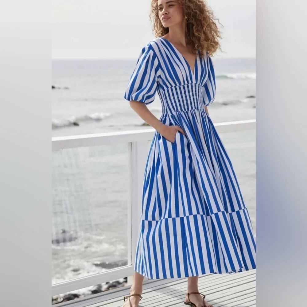 AYR The Extra Extra Puff Sleeve Midi Dress in Blue Stripe Women's XS